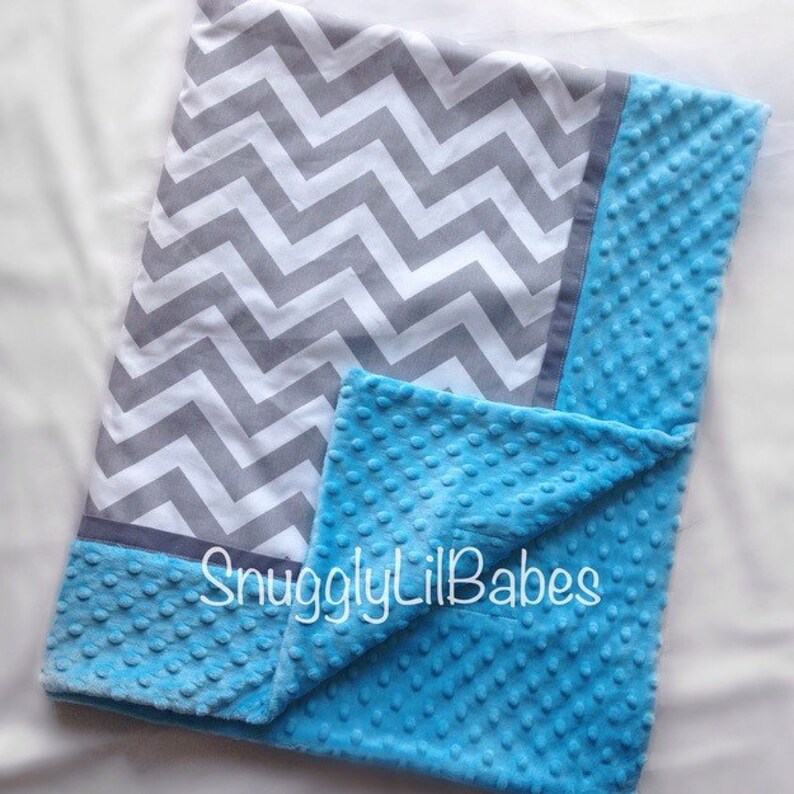 turquoise minky dot baby blanket Grey chevron