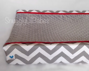 Grey chevron, red changing pad cover with grey minky dot