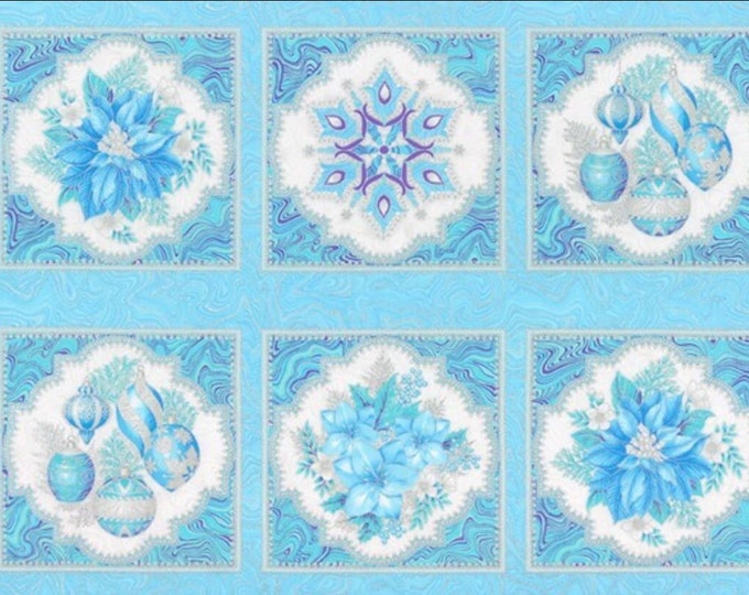 Holiday Flourish 11 Christmas Panel in Blue with Silver Metallic Accents Fabric Panel by Robert Kaufman 24" x 43" Rare!