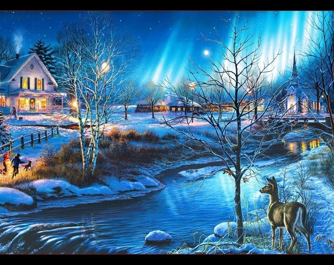 All is Bright Winter Fabric Panel by James Merger for Elizabeth Studio Christmas House Deer Dogs 24 in x 44in 19000E-BLACK