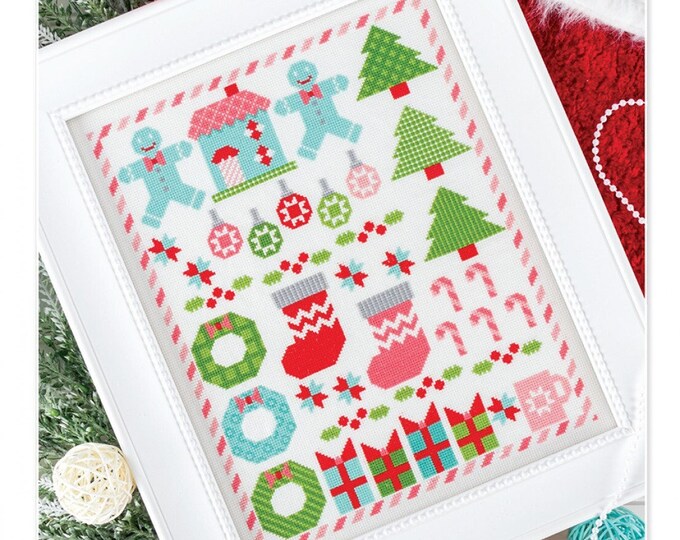 Peppermint Lane Christmas Cross Stitch Pattern by the Fat Quarter Shop, It's Sew Emma, Gingerbread Man, House, Stockings, Presents, Wreath