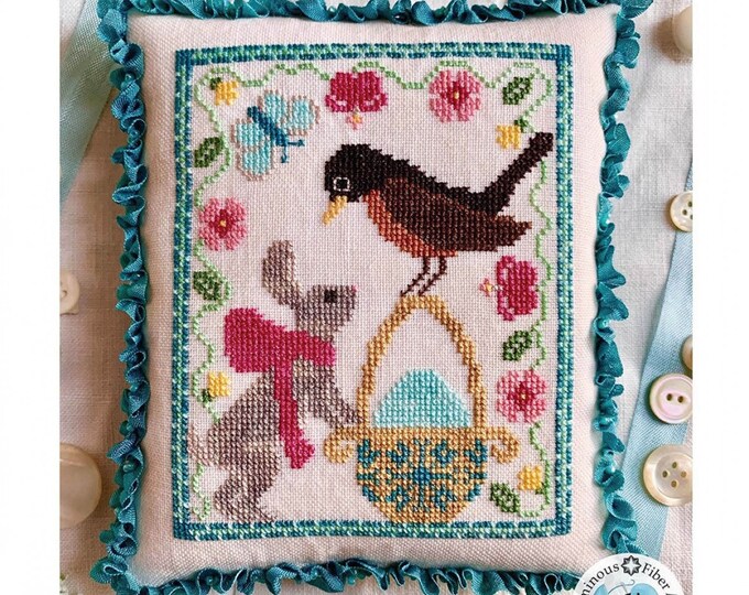 A Robin's Discovery Easter Bunny Cross Stitch Pattern by Misty Pursel Luminous Fiber Arts Egg, Flowers, Bird, Butterfly