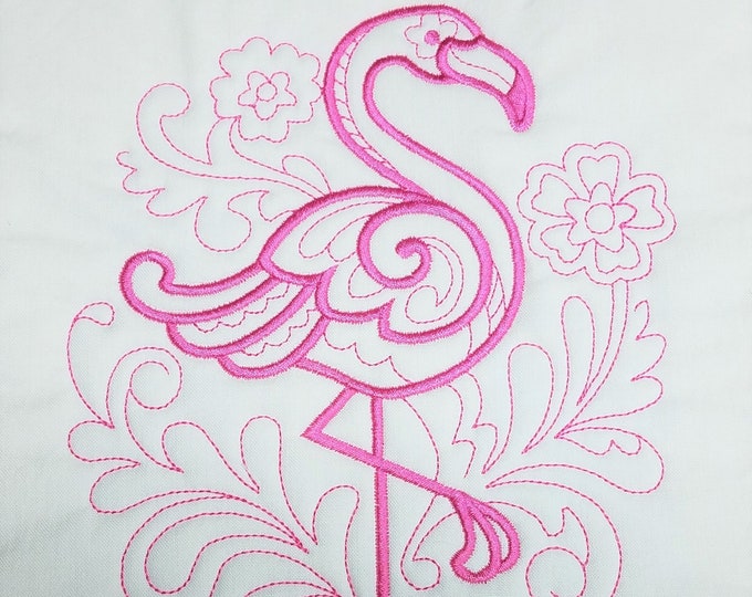 Pink Flamingo Machine Embroidered Quilt Block Complete w/Batting Ready To Add To Your Sewing or Quilting Project!
