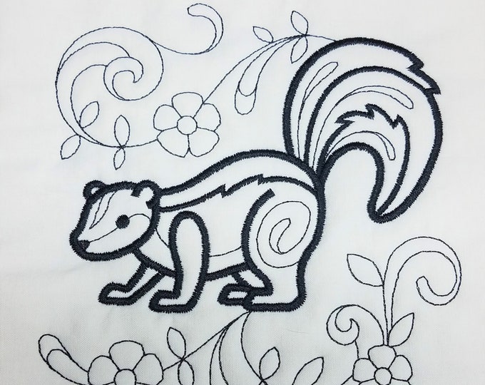 Cute Black & White Skunk Machine Embroidered Quilt Block Complete w/Batting Ready To Add To Your Sewing or Quilting Project!