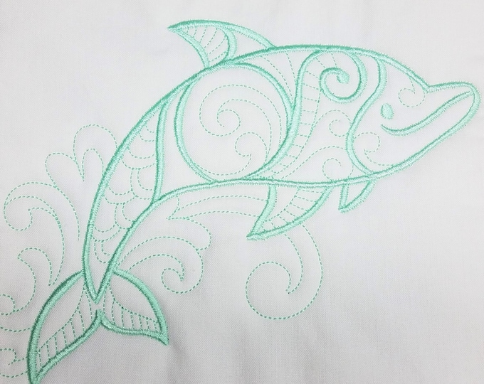 Mint Green Dolphin Machine Embroidered Quilt Block Complete w/Batting Ready To Add To Your Sewing or Quilting Project!