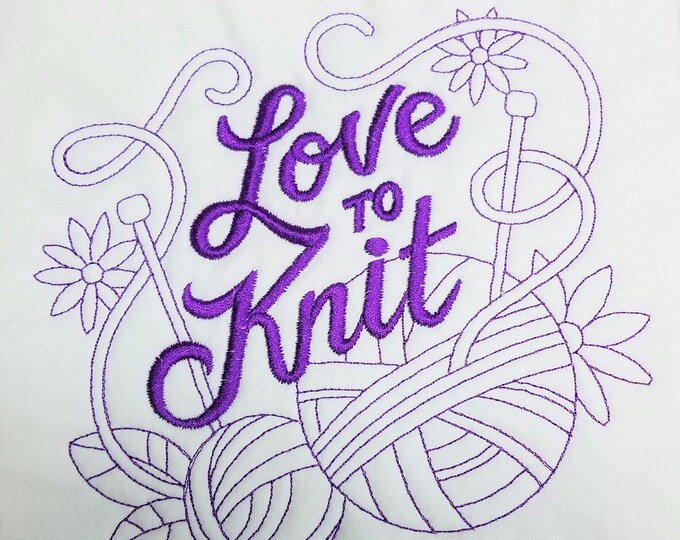 Purple Love To Knit Machine Embroidered Quilt Block Complete w/Batting Ready To Add To Your Sewing or Quilting Project!