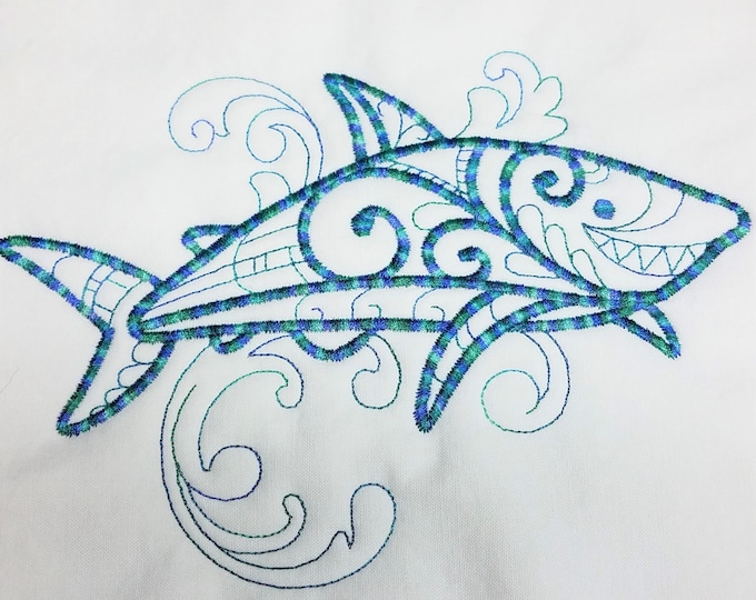 Variegated Blue/Green Shark Machine Embroidered Quilt Block Complete w/Batting Ready To Add To Your Sewing or Quilting Project!