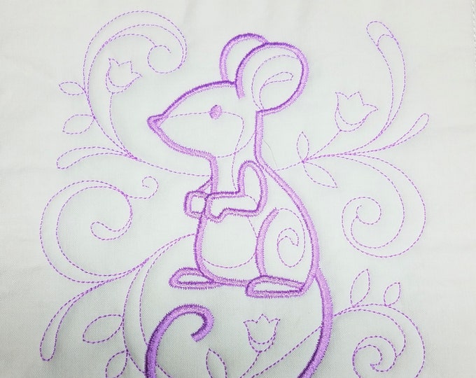 Cute Purple Mouse Machine Embroidered Quilt Block Complete w/Batting Ready To Add To Your Sewing or Quilting Project!