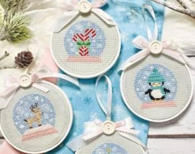 White Christmas Cross Stitch Ornaments Pattern by Primrose Cottage Stitches Reindeer Penguin Tree Candy Canes