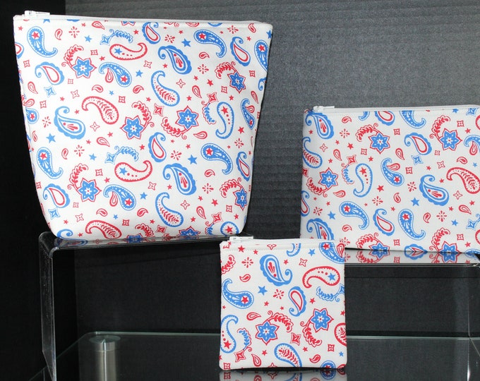 Patriotic Red Blue Paisley Choice of Handmade Zipper Padded Pouch, Coin Change Purse, Cosmetic Bag, Make up, Travel, School, Phone Case