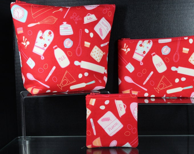Red Baking Cooking Kitchen Choice of Handmade Zipper Padded Pouch, Coin Change Purse, Cosmetic Bag, Make up, Travel, School, Phone Case