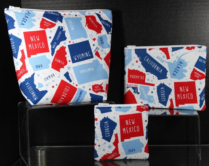 Patriotic 50 States White Blue Choice of Handmade Zipper Padded Pouch, Coin Change Purse, Cosmetic Bag, Make up, Travel, School, Phone Case