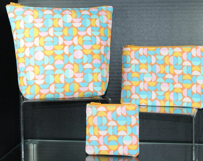 Fun Orange Geometric Circles Choice of Handmade Zipper Padded Pouch, Coin Change Purse, Cosmetic Bag, Make up, Travel, School, Phone Case
