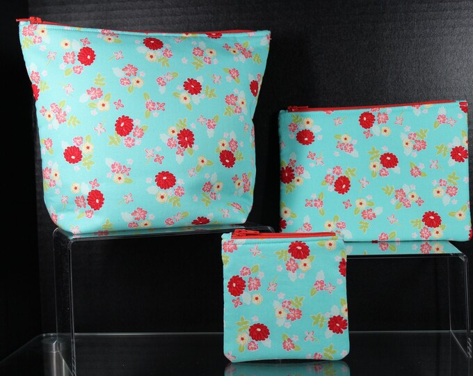 Turquoise & Red Floral Flowers Choice of Handmade Zipper Padded Pouch, Coin Change Purse, Cosmetic Bag, Make up, Travel, School, Phone Case