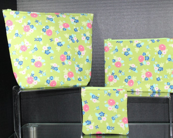 Green Pink Blue Floral Flowers Choice of Handmade Zipper Padded Pouch, Coin Change Purse, Cosmetic Bag, Make up, Travel, School, Phone Case