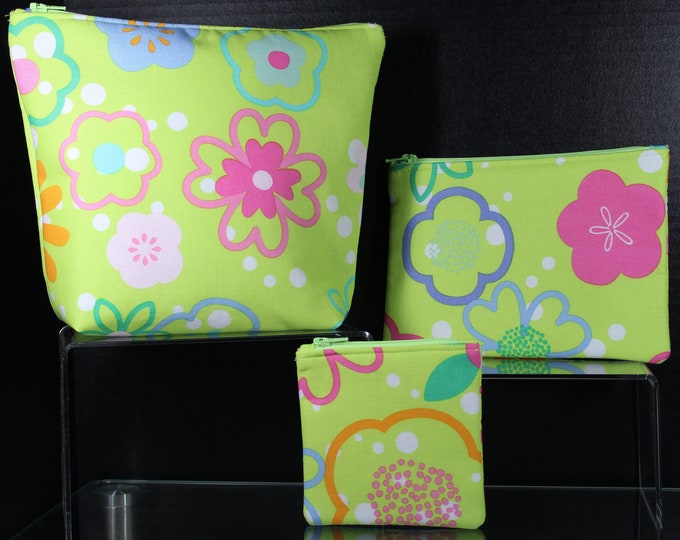 Fun Bright Green Floral Flowers Choice of Handmade Zipper Padded Pouch, Coin Change Purse, Cosmetic Bag, Make up, Travel, School, Phone Case