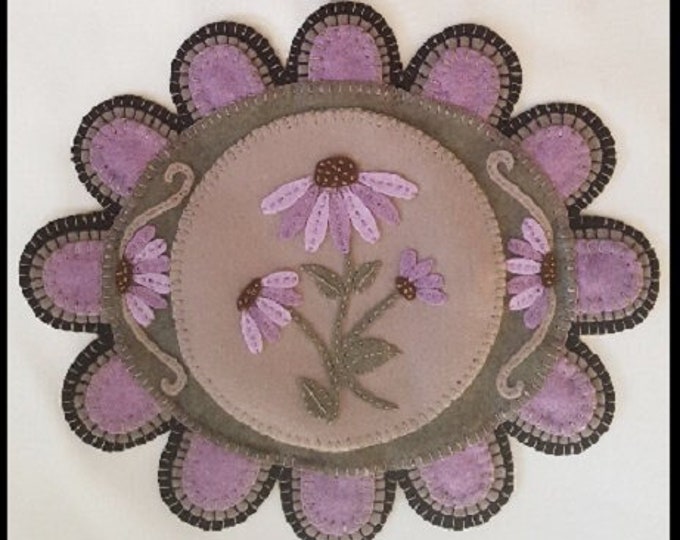 Through the Garden Gate Flowers Candle Mat/Table/Wall Mat Wool Applique Pattern by Penny Lane Primitives 10.5 x 12.5"