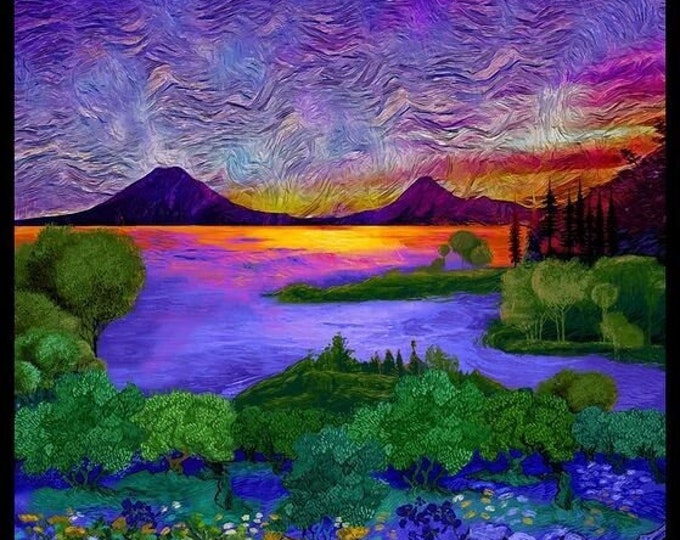 Beautiful Iris Landscape by CHONG-A HWANG for Timeless Treasures Fabric Panel 24 in x 44in Sunset with Mountains & Flowers