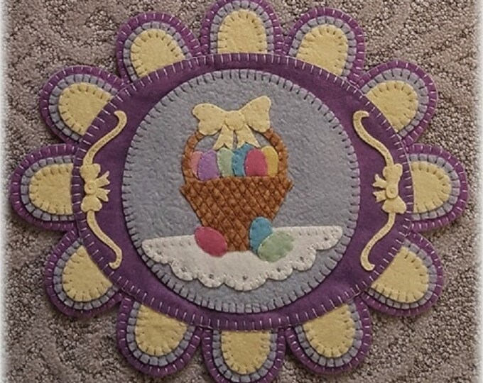 A Tisket A Tasket Easter Basket Candle Mat/Table/Wall Mat Wool Applique Pattern by Penny Lane Primitives 10.5 x 12.5"