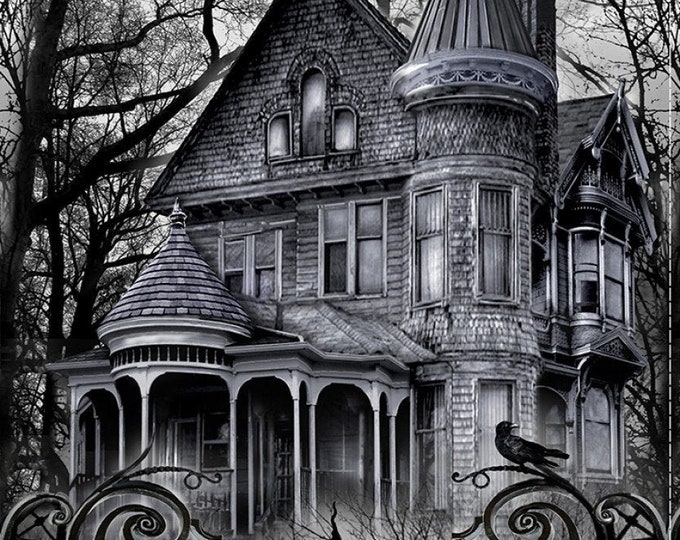 Black Wicked Eve Haunted House Large Fabric Panel 24 in x 44in by Timeless Treasures