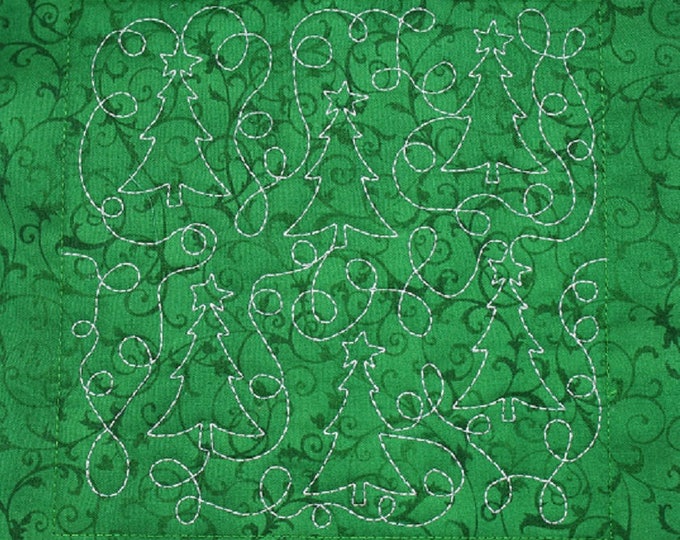 Green Christmas Tree Free Motion Embroidered Quilt Block Complete With Batting, Ready To Add To Your Sewing or Quilting Project!