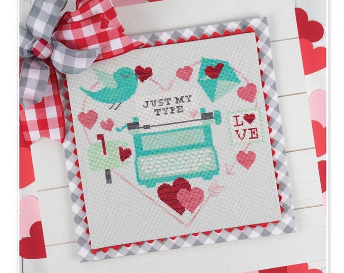 Just My Type Cross Stitch Pattern by the Fat Quarter Shop, It's Sew Emma, Bird, Love, Hearts, Typewriter