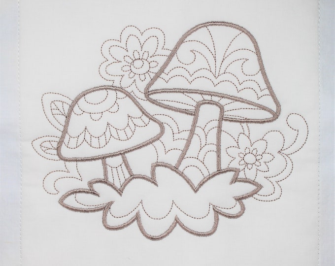 Beige Mushrooms Machine Embroidered Quilt Block Complete w/Batting Ready To Add To Your Sewing or Quilting Project!