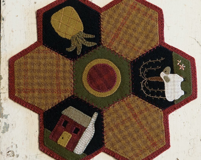 Cute Hexi Candle Table Mat for June Wool Applique Pattern by Buttermilk Basin Sheep, Pineapple, Barn