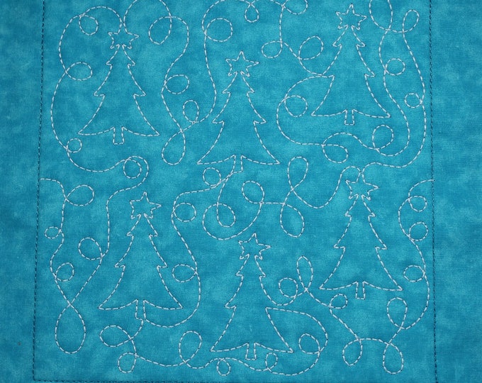 Turquoise Christmas Winter Tree Free Motion Embroidered Quilt Block Complete w/Batting Ready To Add To Your Sewing or Quilting Project!