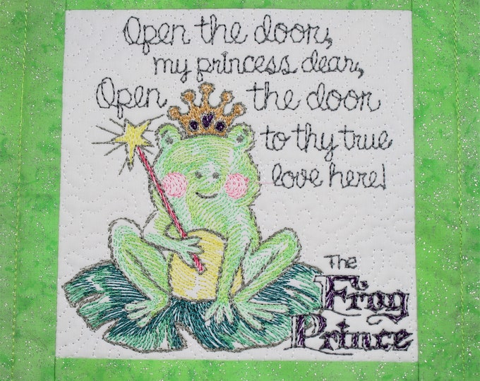 The Frog Prince Fairy Tale Glitter Machine Embroidered Quilt Block Complete w/Batting Ready To Add To Your Sewing or Quilting Project!