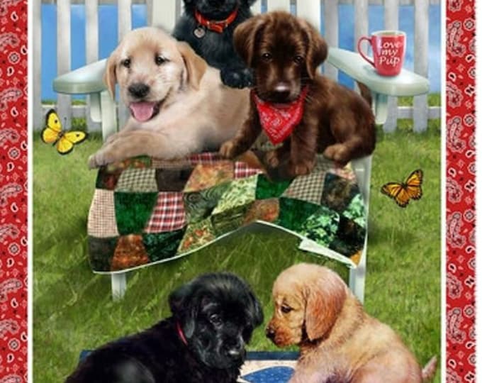 Pups in the Garden Banner Fabric Panel by Bob Giodano for Henry Glass 24" x 43" Labrador Dogs