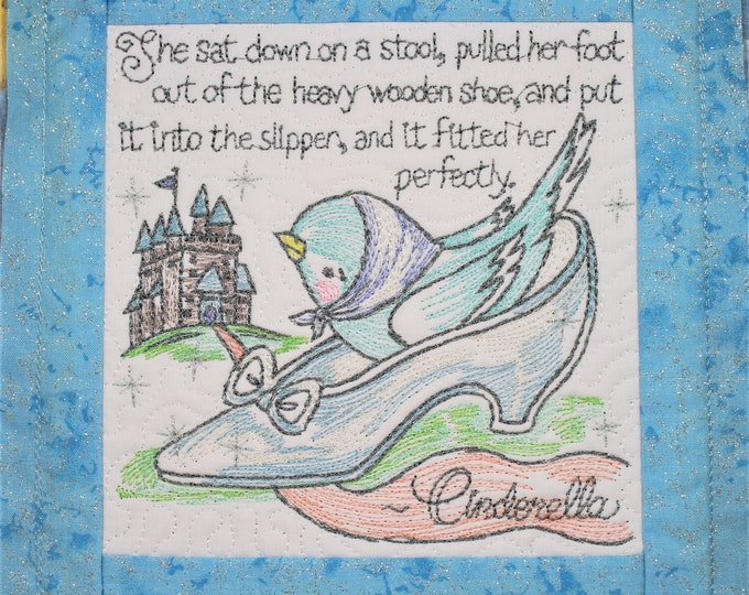 Cinderella Fairy Tale Glitter Machine Embroidered Quilt Block Complete w/Batting Ready To Add To Your Sewing or Quilting Project!