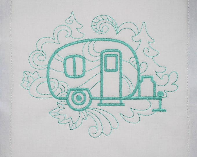 Mint Green Camper Trailer Machine Embroidered Quilt Block Complete w/Batting Ready To Add To Your Sewing or Quilting Project!