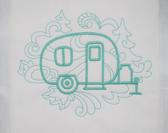 Mint Green Camper Trailer Machine Embroidered Quilt Block Complete w/Batting Ready To Add To Your Sewing or Quilting Project!