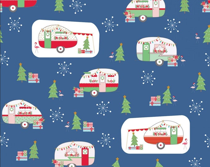 Christmas Adventure Cute Trailers Traveling Campers on Denim Blue by Beverly McCullough for Riley Blake, SC10730