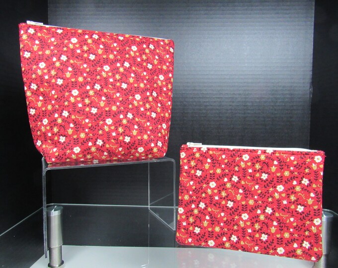 Tulip Flowers Floral on Red Choice of Handmade Zipper Padded Pouch, Coin Change Purse, Cosmetic Bag, Make up, Travel, School