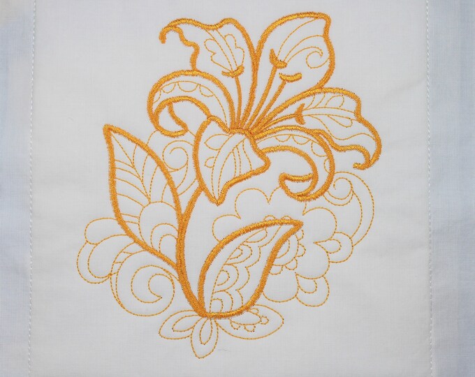 Yellow Daylily Flower Machine Embroidered Quilt Block Complete w/Batting Ready To Add To Your Sewing or Quilting Project!