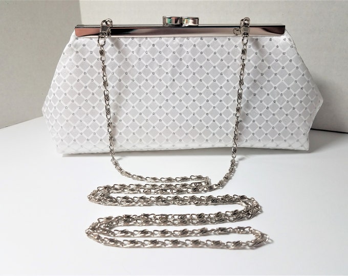 White Satin Bridal Glitter Framed Clutch Purse Hand Bag Handmade Bridal Prom Bridesmaid Gift