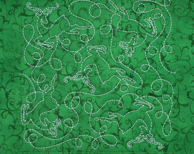 Green Reindeer Christmas Free Motion Embroidered Quilt Block Complete With Batting, Ready To Add To Your Sewing or Quilting Project!