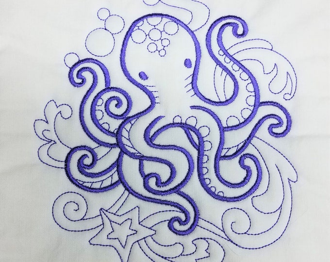 Purple Octopus Machine Embroidered Quilt Block Complete w/Batting Ready To Add To Your Sewing or Quilting Project!