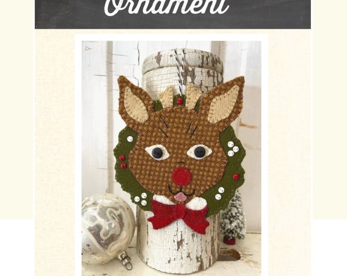 Reindeer Wreath Ornament - for Christmas - Wool Applique Pattern by Buttermilk Basin Finished Size 5.5” x 5.5”