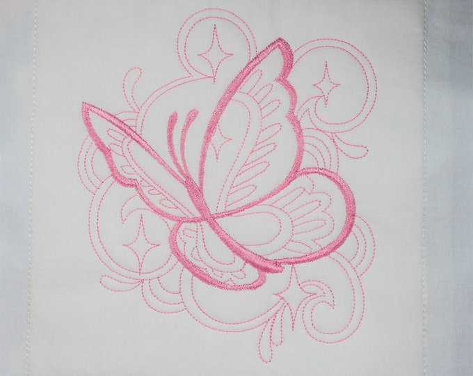 Pink Butterfly Machine Embroidered Quilt Block Complete w/Batting Ready To Add To Your Sewing or Quilting Project!