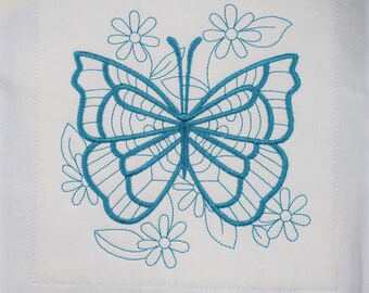 Aqua Blue Butterfly Machine Embroidered Quilt Block Complete w/Batting Ready To Add To Your Sewing or Quilting Project!