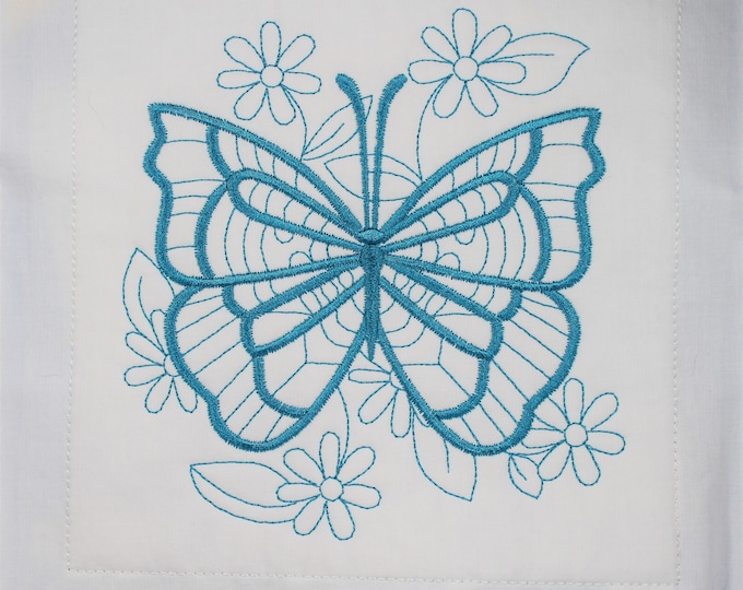 Aqua Blue Butterfly Machine Embroidered Quilt Block Complete w/Batting Ready To Add To Your Sewing or Quilting Project!