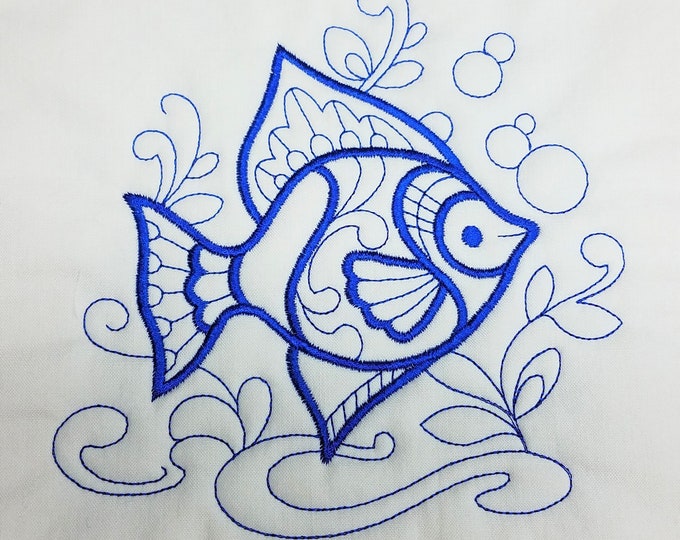 Blue Tropical Fish Machine Embroidered Quilt Block Complete w/Batting Ready To Add To Your Sewing or Quilting Project!