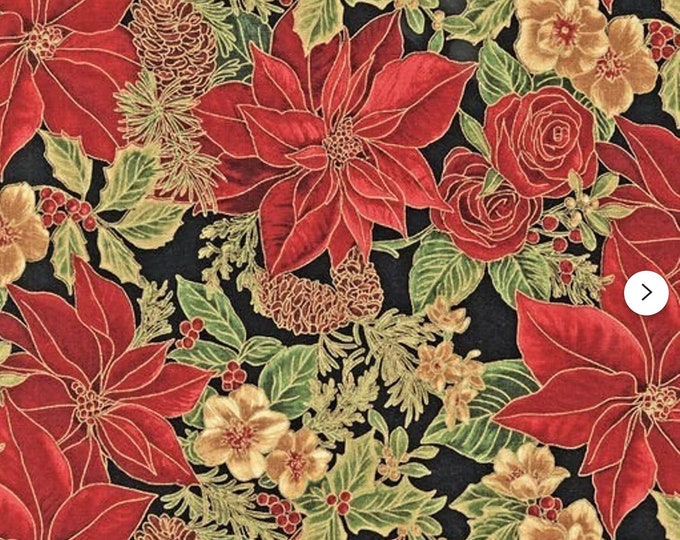 Christmas Woodland Splendor Poinsettia Roses Pinecones Holiday Fabric with Metallic Thread by HMK D#9196 Out of Print