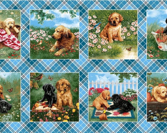 Pups in the Garden Fabric Panel by Bob Giodano for Henry Glass 24" x 44" Labrador Dogs