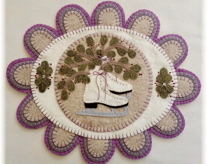 Mistletoe Memories Ice Skates Winter Candle Mat/Table/Wall Mat Wool Applique Pattern by Penny Lane Primitives 10.5 x 12.5"