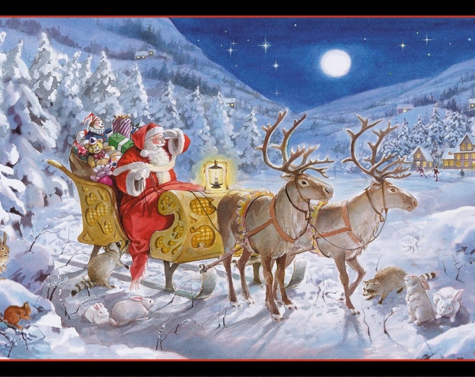 Santa is Coming Fabric Panel by Elizabeth's Studio 24” x 44” # 26000E-BLK 100% Cotton, In Stock!