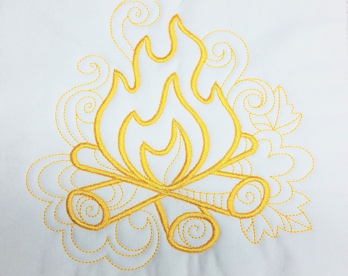Yellow Camp Fire Camping Machine Embroidered Quilt Block Complete w/Batting Ready To Add To Your Sewing or Quilting Project!
